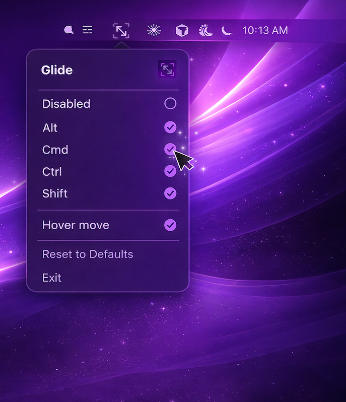 Glide quick settings in the menu bar