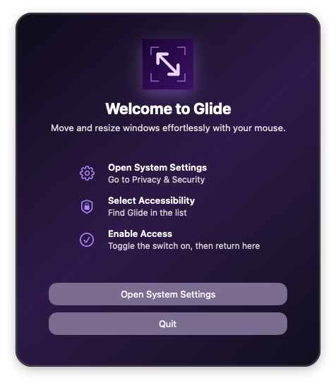 Glide one-time accessibility setup